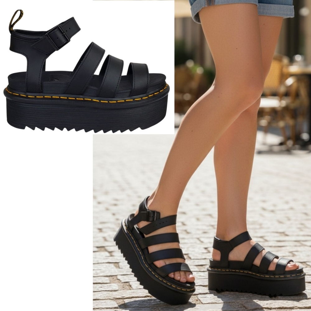 New Dr Martens Blaire quad platform sandals black hydro leather strappy boho y2k